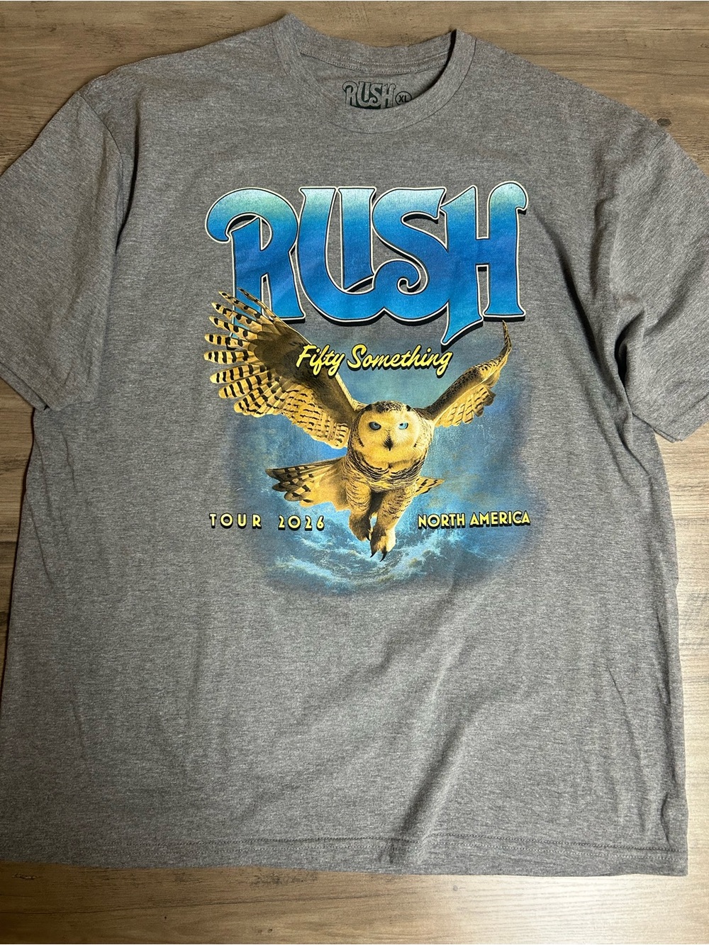 RUSH Band Tee with Blue & Gold Owl Graphic